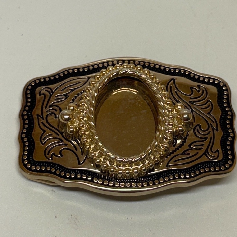 Vintage Western Frame Belt Buckle Gold Tone Black Enamel Floral Scroll USA Made